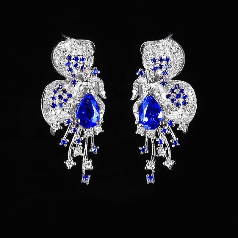 14k Gold 1.59 Ctw Natural Sapphire & Diamond Earrings: Ref:230951047 // gold content:14k gold // main gemstone:sapphire // shape:pear // carat weight:1. 12ct // color:cornflower blue // treatment:natural // // adjacent gemstone 2 : diamond // number of