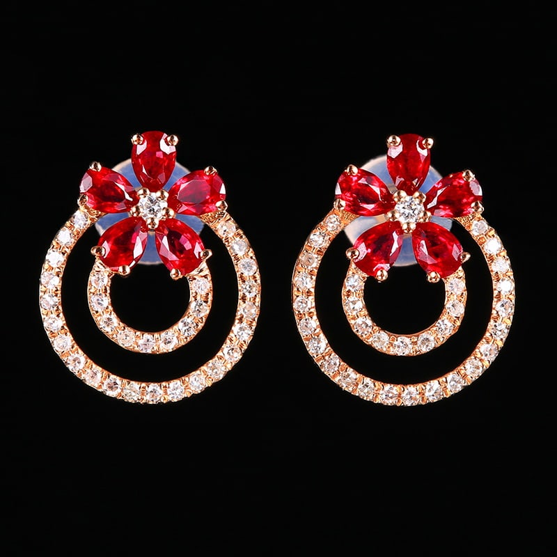 14k Gold 1.01 Ctw Vivid Red Natural Ruby & Diamond Earrings: Ref:230951049 // gold content:14k gold // main gemstone:ruby // shape:pear // carat weight:0. 81ct // color:vivid red // treatment:natural // // adjacent gemstone 2 : diamond // number of stones:64 //
