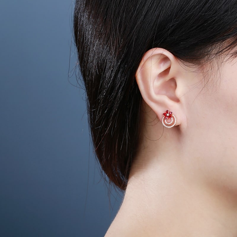 14k Gold 1.01 Ctw Vivid Red Natural Ruby & Diamond Earrings - 3