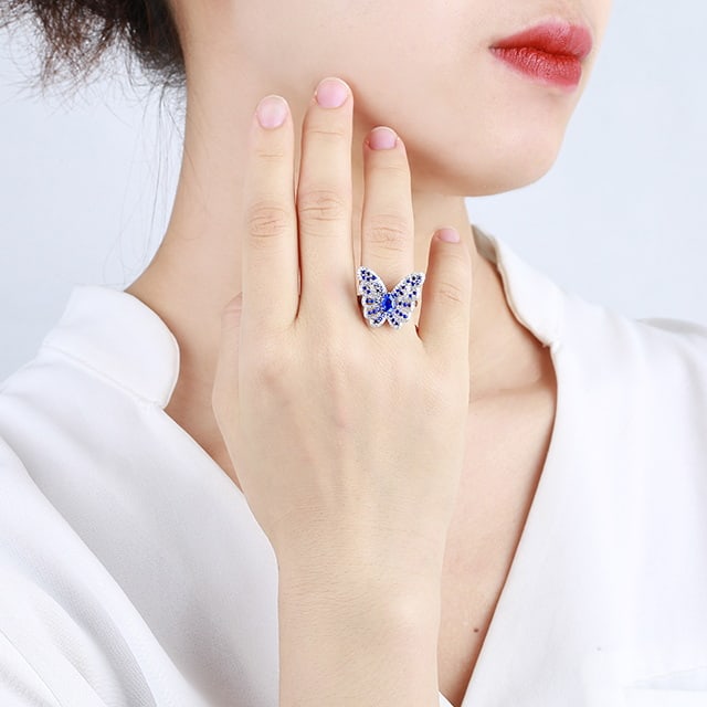 14k Gold 1.02 Ctw Vivid Blue Natural Sapphire & Diamond & Butterfly Ring - 3