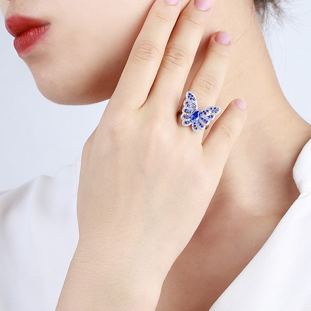 14k Gold 1.02 Ctw Vivid Blue Natural Sapphire & Diamond & Butterfly Ring - 5