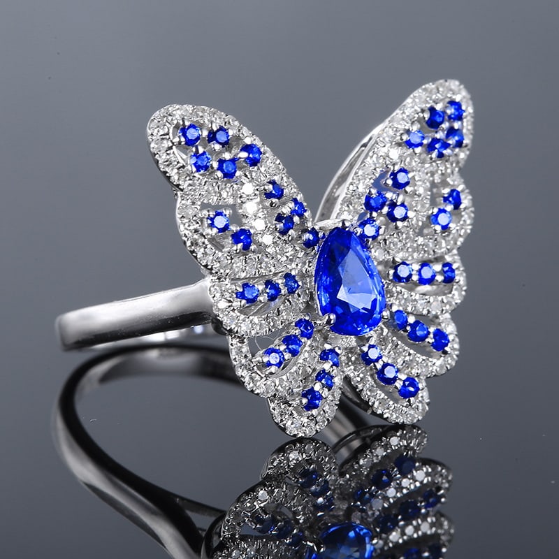 14k Gold 1.02 Ctw Vivid Blue Natural Sapphire & Diamond & Butterfly Ring - 6