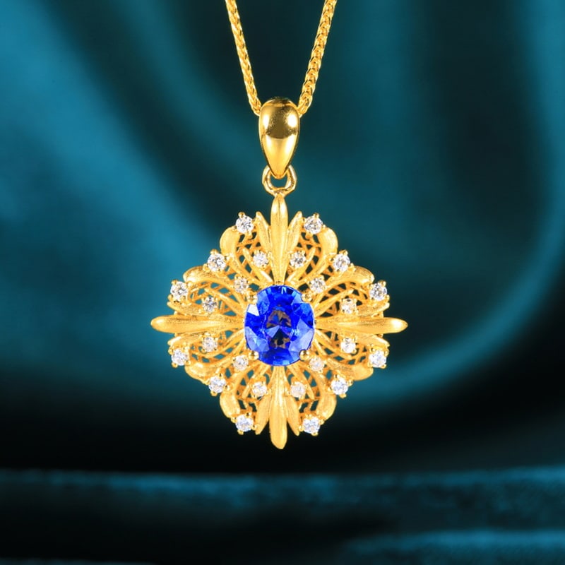 14k Gold 0.94 Ctw Natural Sapphire & Diamond Pendant( Without Chain ): Ref:230951054 // gold content:14k gold // main gemstone:sapphire // shape:oval // carat weight:0. 76ct // color:blue // treatment:natural // // adjacent gemstone 2 : diamond // number of stones:24