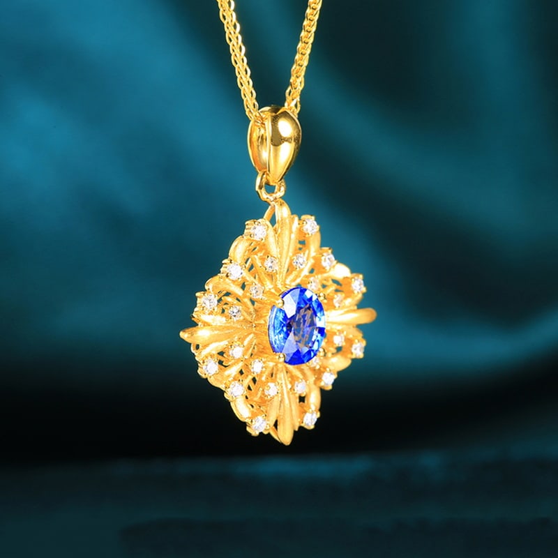 14k Gold 0.94 Ctw Natural Sapphire & Diamond Pendant( Without Chain ) - 2