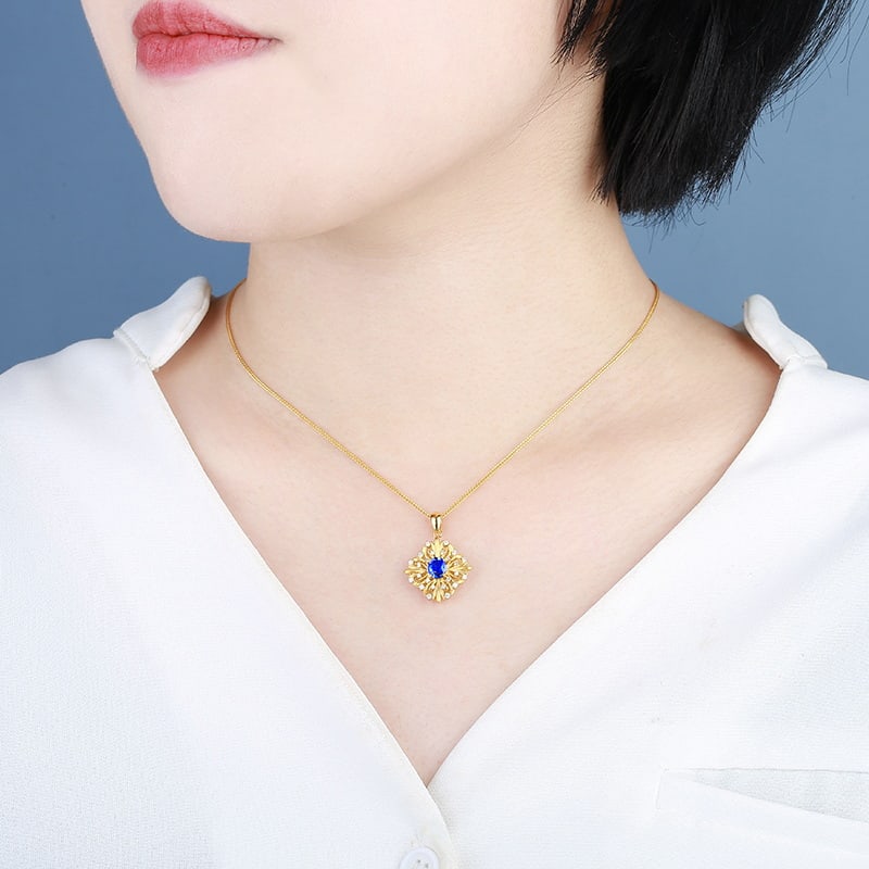 14k Gold 0.94 Ctw Natural Sapphire & Diamond Pendant( Without Chain ) - 4