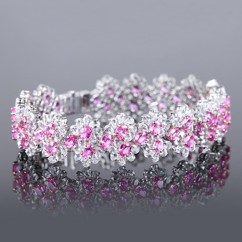 14k Gold 28.3 Ctw Natural Padparadscha Sapphire & Sapphire Bracelet - 2