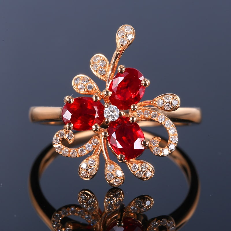 14k Gold 1.49 Ctw Vivid Red Natural Ruby & Diamond Ring: Ref:230951058 // gold content:14k gold // ring size:7. 25us // // main gemstone:ruby // shape:oval // carat weight:1. 33ct // color:vivid red // treatment:natural // // adjacent gemstone 2 : diamond /