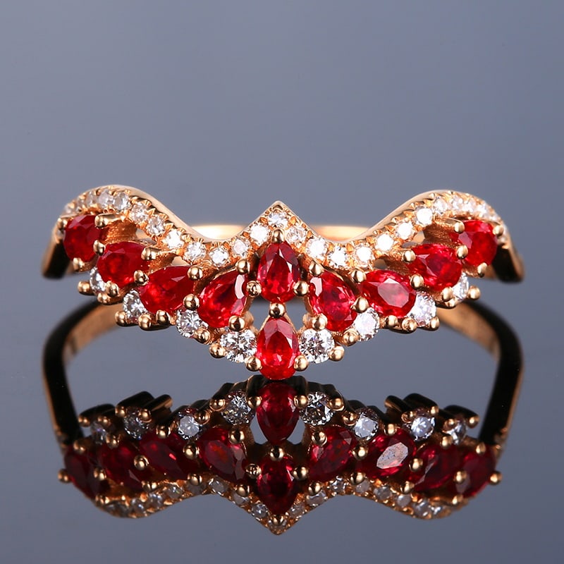 14k Gold 0.54 Ctw Vivid Red Natural Ruby & Diamond Ring: Ref:230951067 // gold content:14k gold // ring size:7. 25us // // main gemstone:ruby // shape:pear // carat weight:0. 38ct // color:vivid red // treatment:natural // // adjacent gemstone 2 : diamond /