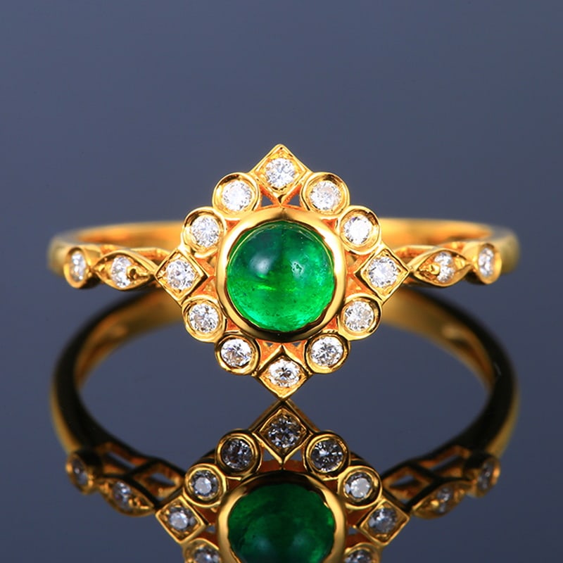 14k Gold 0.59 Ctw Vivid Green Natural Emerald & Diamond Ring: Ref:230951069 // gold content:14k gold // ring size:7. 25us // // main gemstone:emerald // shape:round // carat weight:0. 43ct // color:vivid green // treatment:natural // cut grade:g // // adjacent g