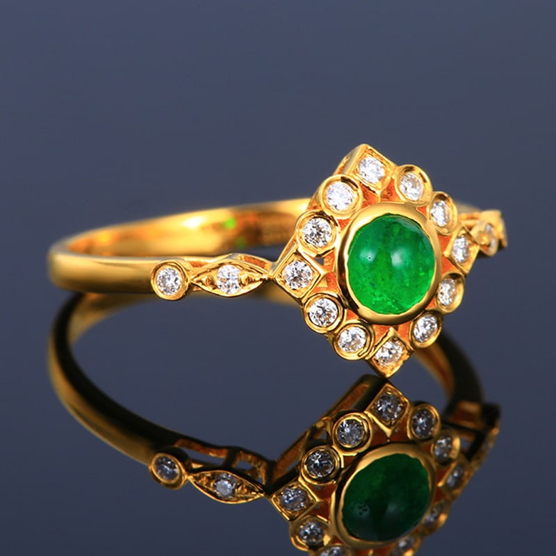 14k Gold 0.59 Ctw Vivid Green Natural Emerald & Diamond Ring - 4