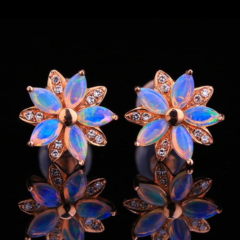 14k Gold 1.04 Ctw Natural Opal & Diamond Earrings: Ref:230951071 // gold content:14k gold // main gemstone:opal // shape:marquise // carat weight:1ct // color:white // treatment:natural // // adjacent gemstone 2 : diamond // number of stones:20 // sha