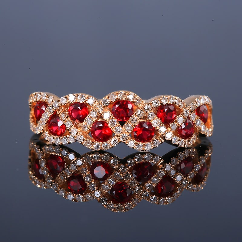 14k Gold 0.74 Ctw Natural Ruby & Diamond Ring: Ref:230951075 // gold content:14k gold // ring size:7. 25us // // main gemstone:ruby // shape:round // carat weight:0. 55ct // color:red // treatment:natural // cut grade:g // // adjacent gemstone 2 :