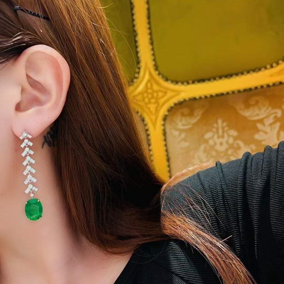 14k Gold 10.88 Ct Vivid Green Natural Emerald & Diamond Earrings - 4