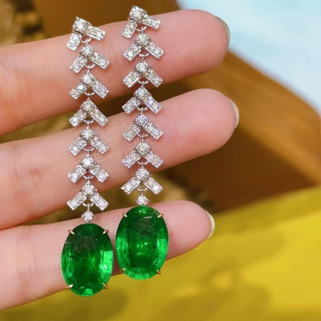 14k Gold 10.88 Ct Vivid Green Natural Emerald & Diamond Earrings - 7