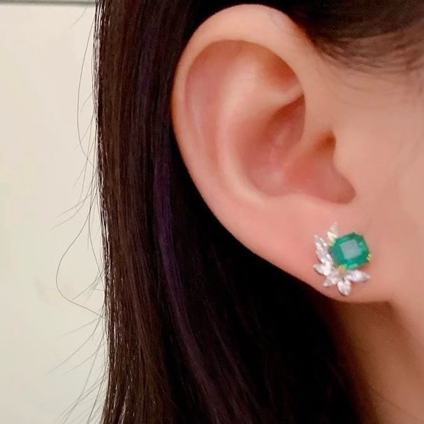 14k Gold 3.29 Ctw Vivid Green Natural Emerald & Diamond Earrings - 7