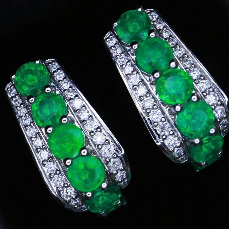 14k Gold 3.81 Ctw Vivid Green Natural Emerald & Diamond Earrings - 2