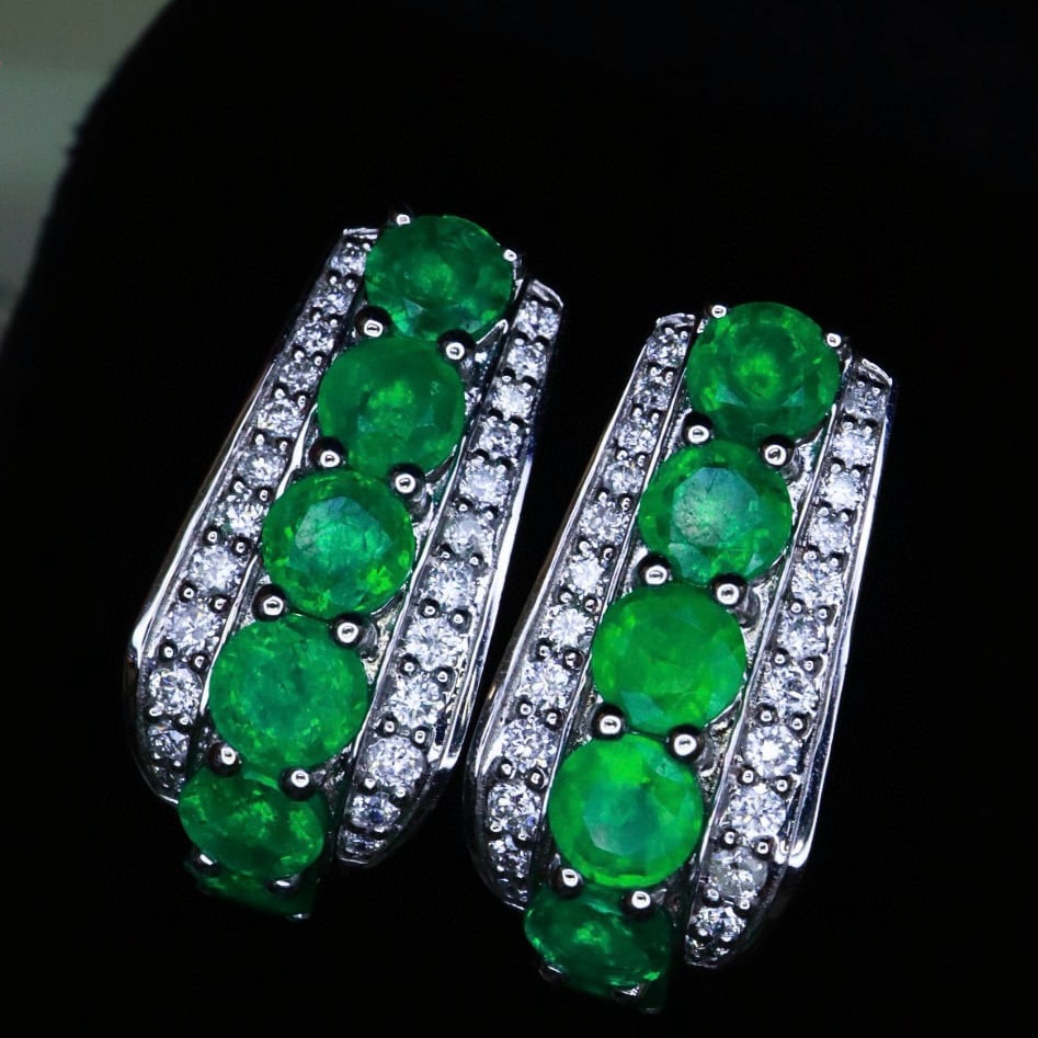 14k Gold 3.81 Ctw Vivid Green Natural Emerald & Diamond Earrings - 3