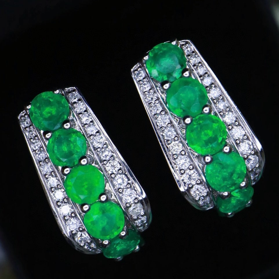 14k Gold 3.81 Ctw Vivid Green Natural Emerald & Diamond Earrings - 5