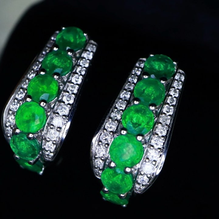 14k Gold 3.81 Ctw Vivid Green Natural Emerald & Diamond Earrings - 7