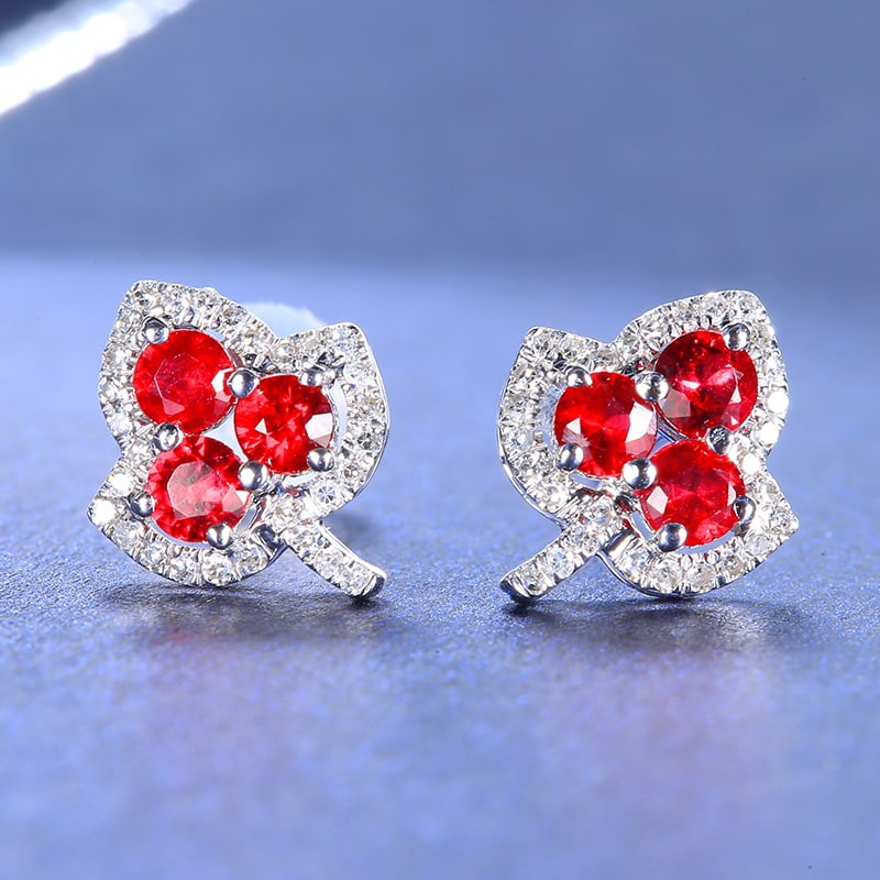 14k Gold 0.72 Ctw Natural Ruby & Diamond Earrings: Ref:230951094 // gold content:14k gold // main gemstone:ruby // shape:round // carat weight:0. 55ct // color:red // treatment:natural // cut grade:g // // adjacent gemstone 2 : diamond // number of