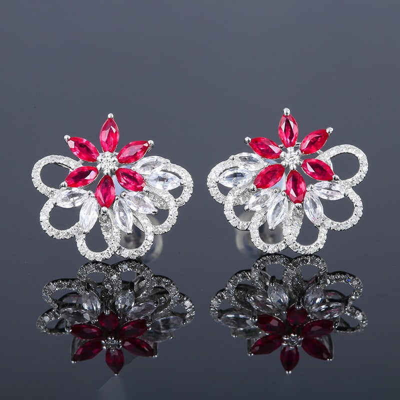 14k Gold 1.24 Ctw Natural Ruby & Diamond Earrings: Ref:230951102 // gold content:14k gold // main gemstone:ruby // shape:marquise // carat weight:0. 93ct // color:red // treatment:natural // // adjacent gemstone 2 : diamond // number of stones:100