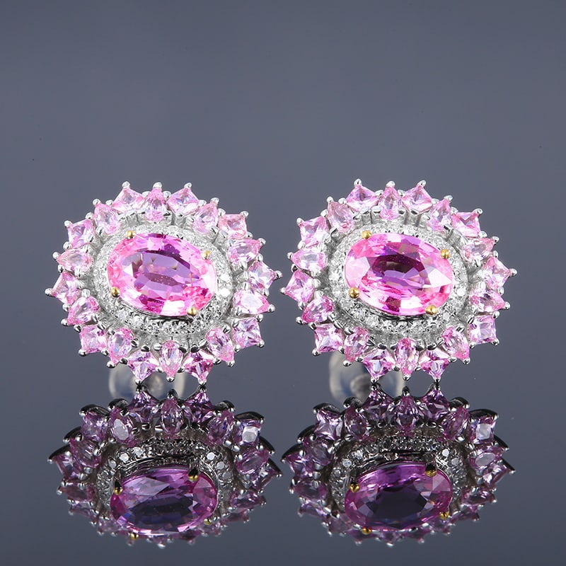 14k Gold 3.48 Ctw Natural Padparadscha Sapphire & Diamond Earrings: Ref:230951104 // gold content:14k gold // main gemstone:padparadscha sapphire // shape:multiply // carat weight:3. 34ct // color:orangish pink // treatment:natural // // adjacent gemstone 2 :