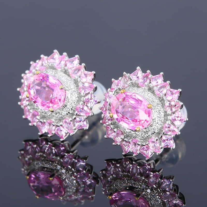 14k Gold 3.48 Ctw Natural Padparadscha Sapphire & Diamond Earrings - 2