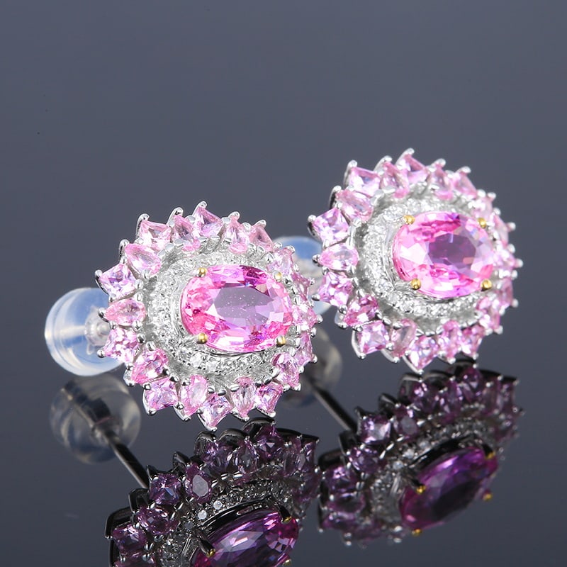 14k Gold 3.48 Ctw Natural Padparadscha Sapphire & Diamond Earrings - 5