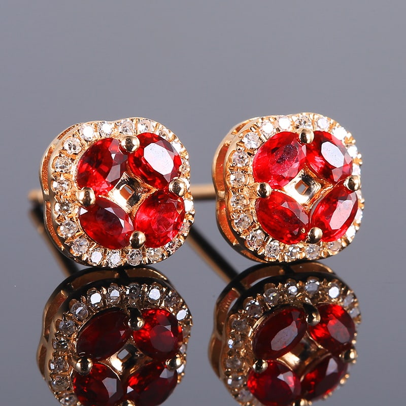 14k Gold 0.97 Ctw Natural Ruby & Diamond Earrings - 3