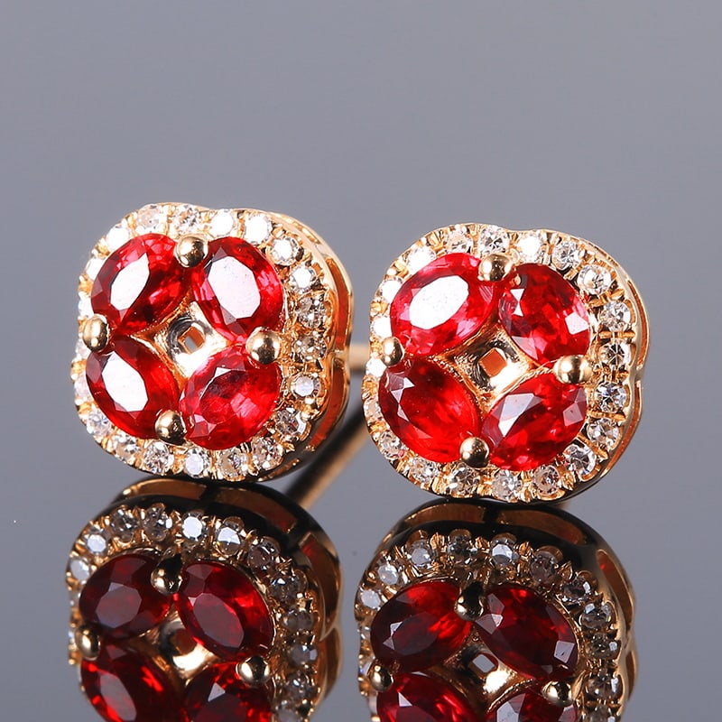 14k Gold 0.97 Ctw Natural Ruby & Diamond Earrings - 4