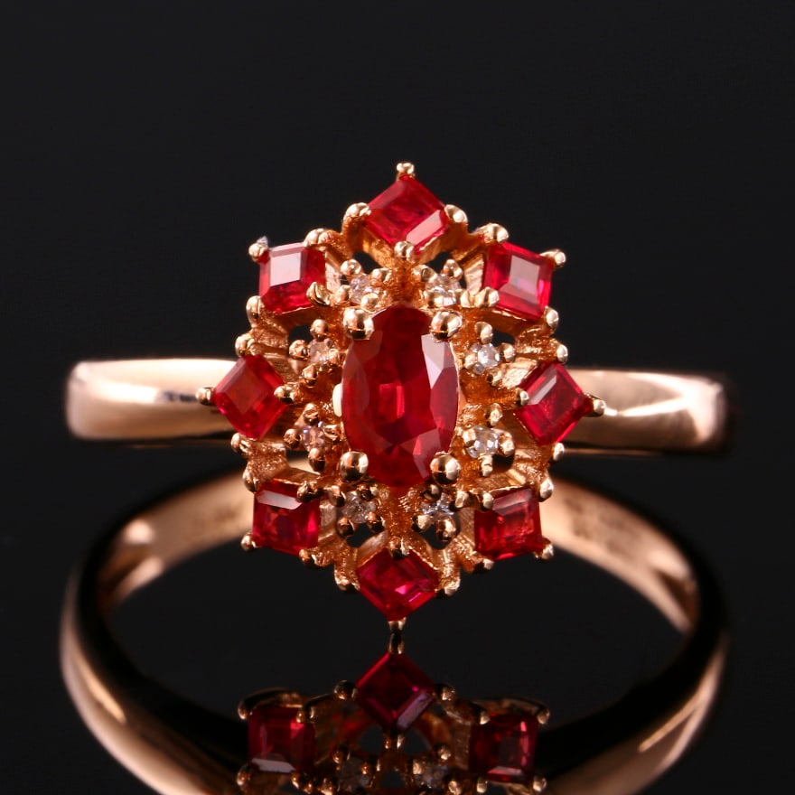 14k Gold 1.14 Ctw Natural Ruby & Diamond Ring: Ref:230951106 // gold content:14k gold // ring size:7. 25us // // main gemstone:ruby // shape:multiply // carat weight:0. 74ct // color:red // treatment:natural // // adjacent gemstone 2 : diamond //