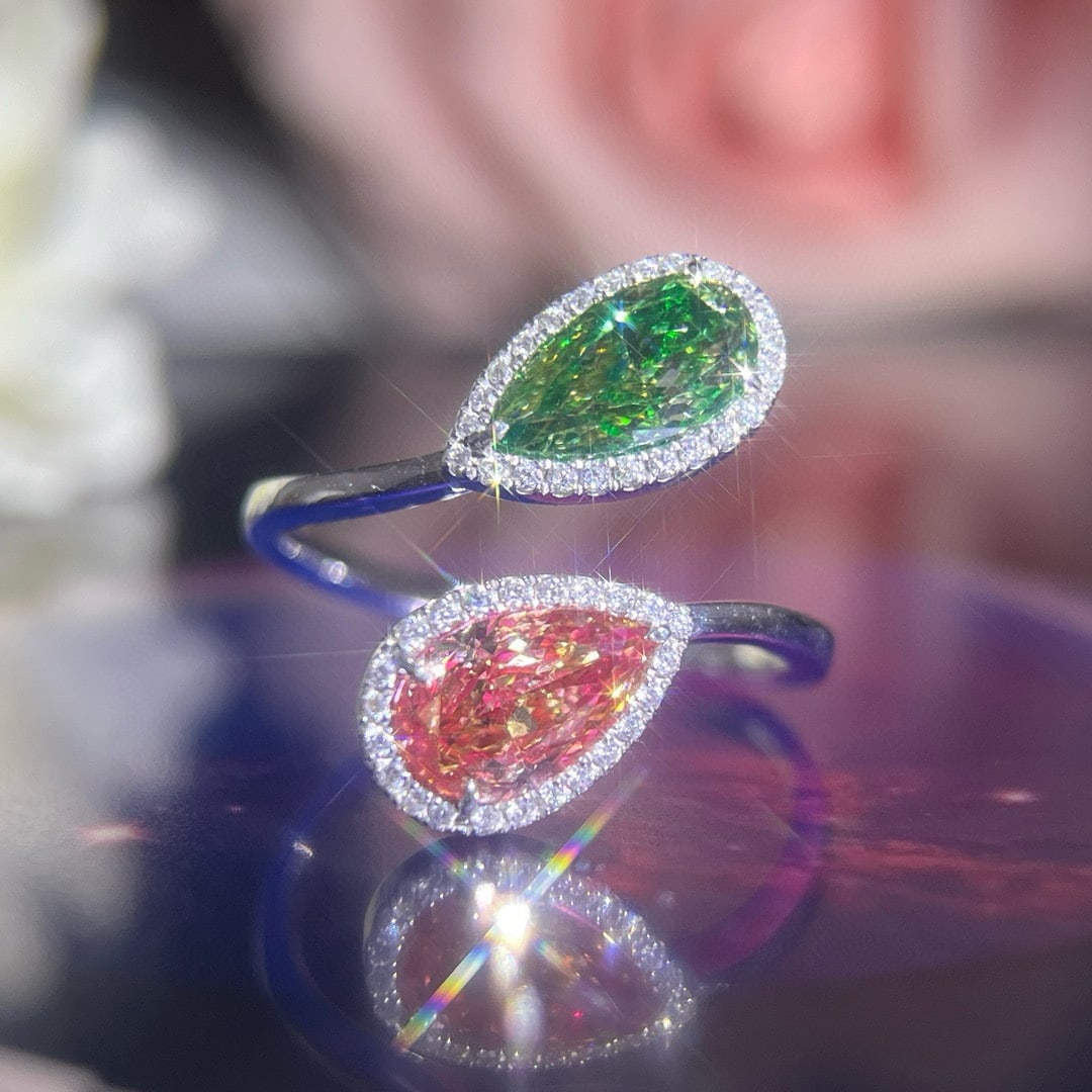 14k Gold 2.03 Ctw Natural Green Diamond & Pink Diamond & Toi Et Moi Ring - 2