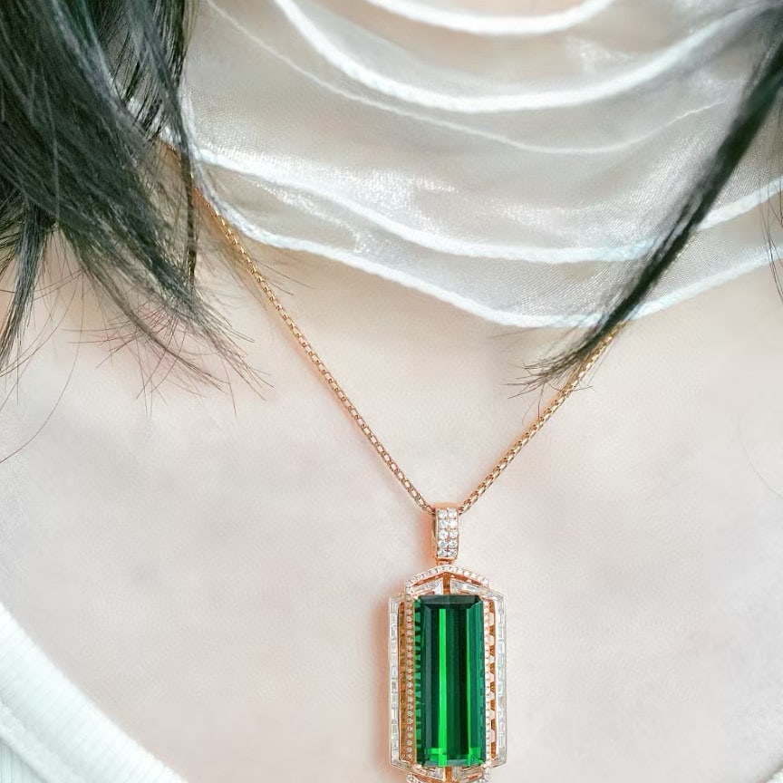 14k Gold 24.19 Ctw Natural Tourmaline & Diamond Pendant( Without Chain ) - 4