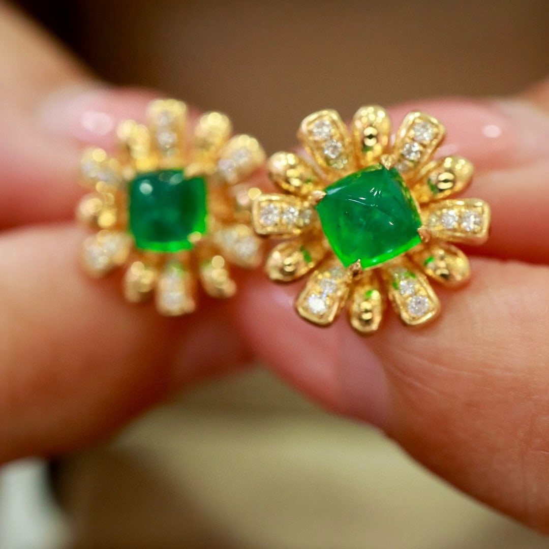 14k Gold 1.81 Ctw Vivid Green Natural Emerald & Diamond & Flowers Earrings - 7