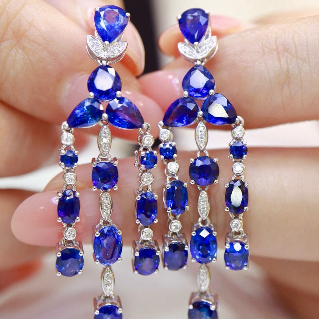 14k Gold 11.58 Ctw Natural Sapphire & Diamond Earrings: Ref:230951130 // gold content:14k gold // main gemstone:sapphire // shape:multiply // carat weight:11. 4ct // color:royal blue // treatment:natural // // adjacent gemstone 2 : diamond // shape:round /