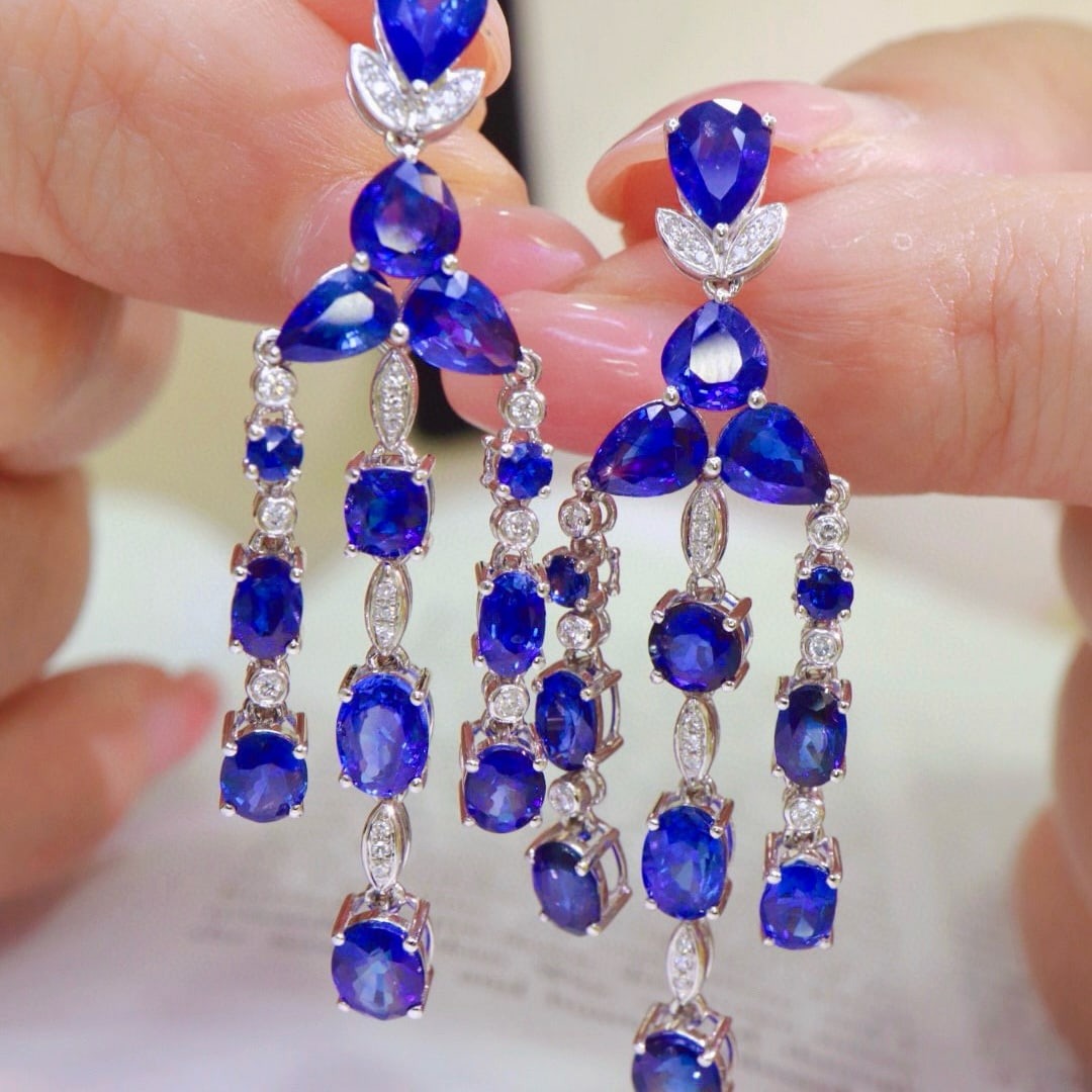 14k Gold 11.58 Ctw Natural Sapphire & Diamond Earrings - 4