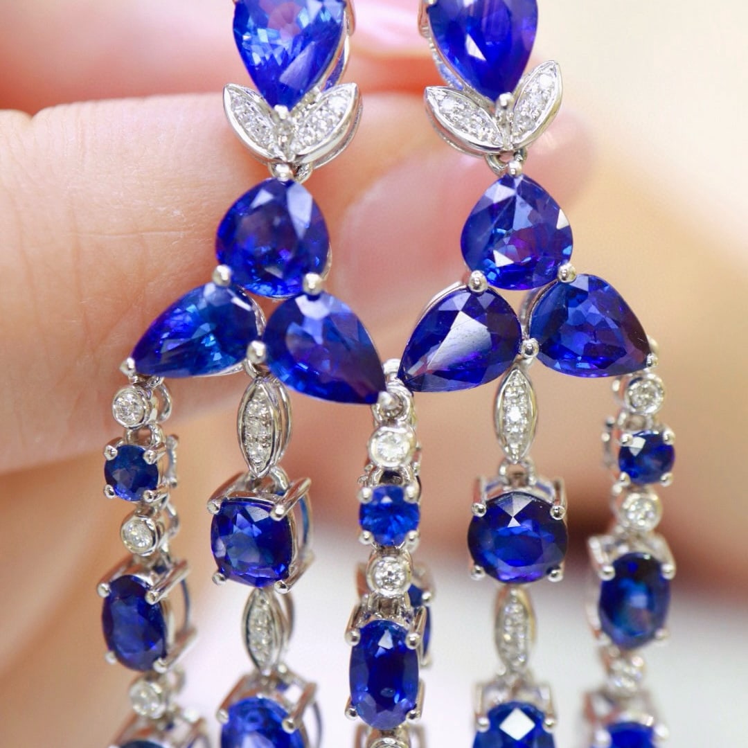 14k Gold 11.58 Ctw Natural Sapphire & Diamond Earrings - 5