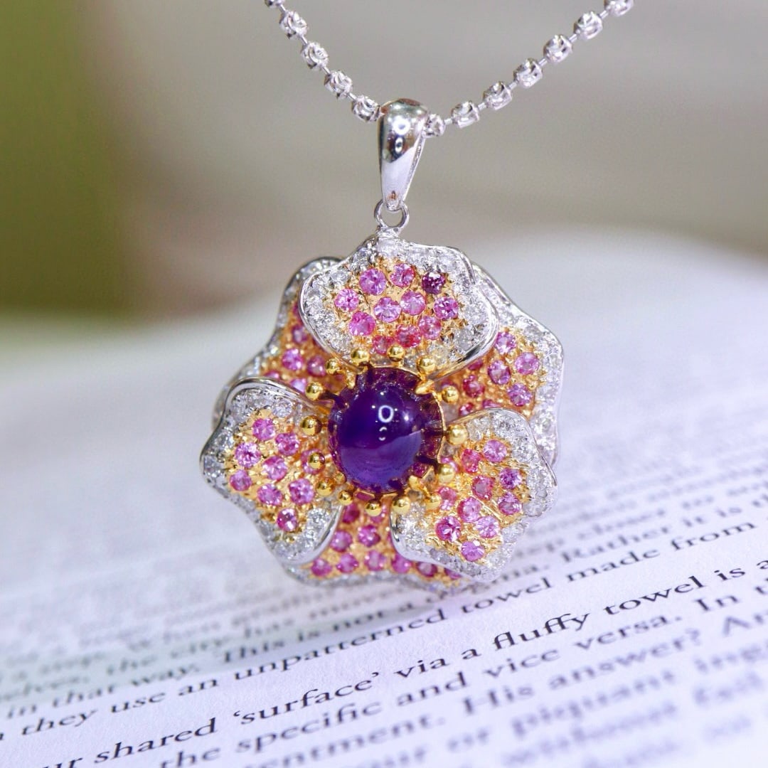 14k Gold 5.59 Ctw Natural Sapphire & Diamond Pendant( Without Chain ): Ref:230951133 // gold content:14k gold // main gemstone:sapphire // shape:oval // carat weight:4. 28ct // color:purple // treatment:natural // // adjacent gemstone 2 : diamond // shape:round // carat