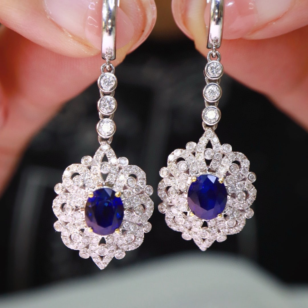 14k Gold 2.8 Ct Natural Sapphire & Diamond Earrings - 3