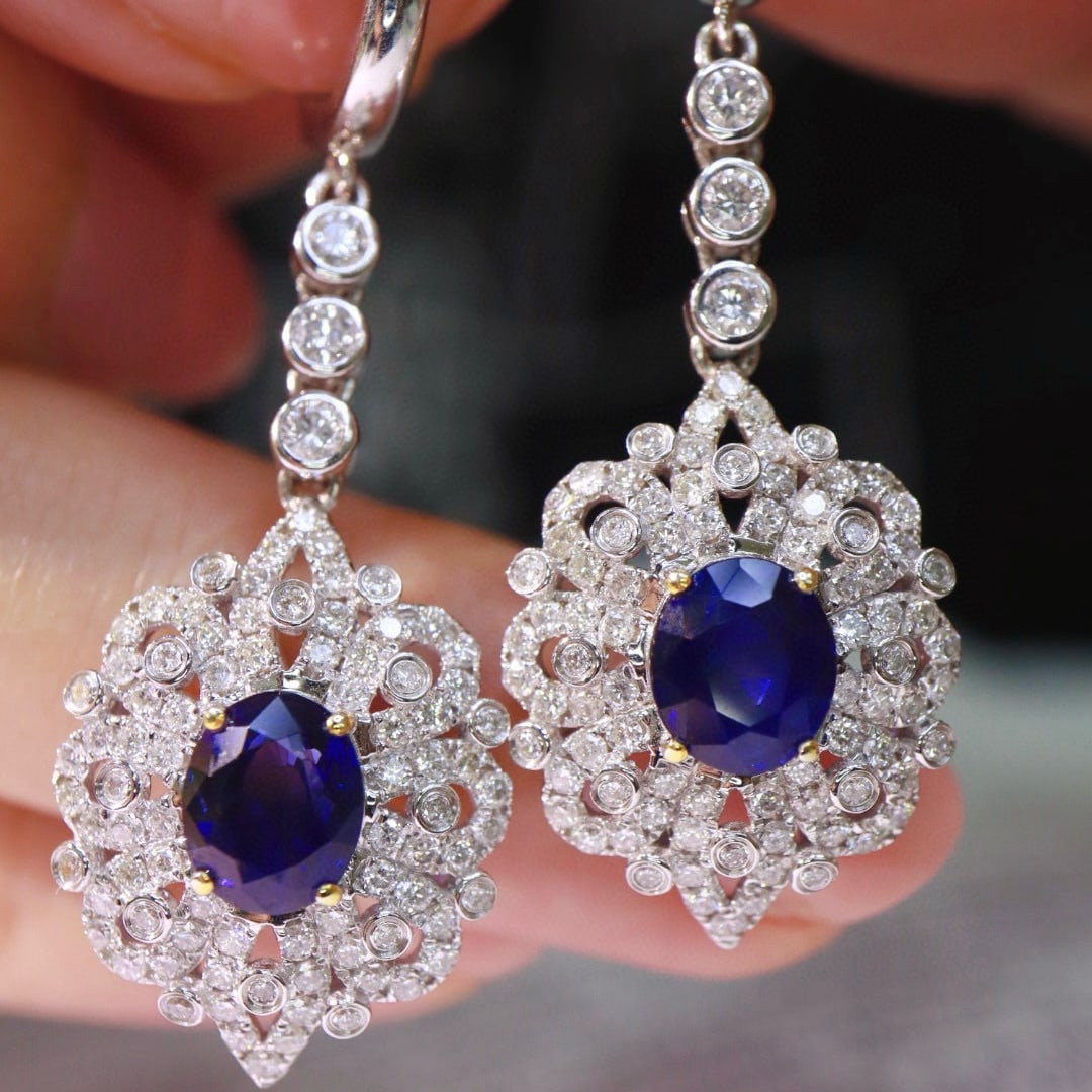 14k Gold 2.8 Ct Natural Sapphire & Diamond Earrings - 4
