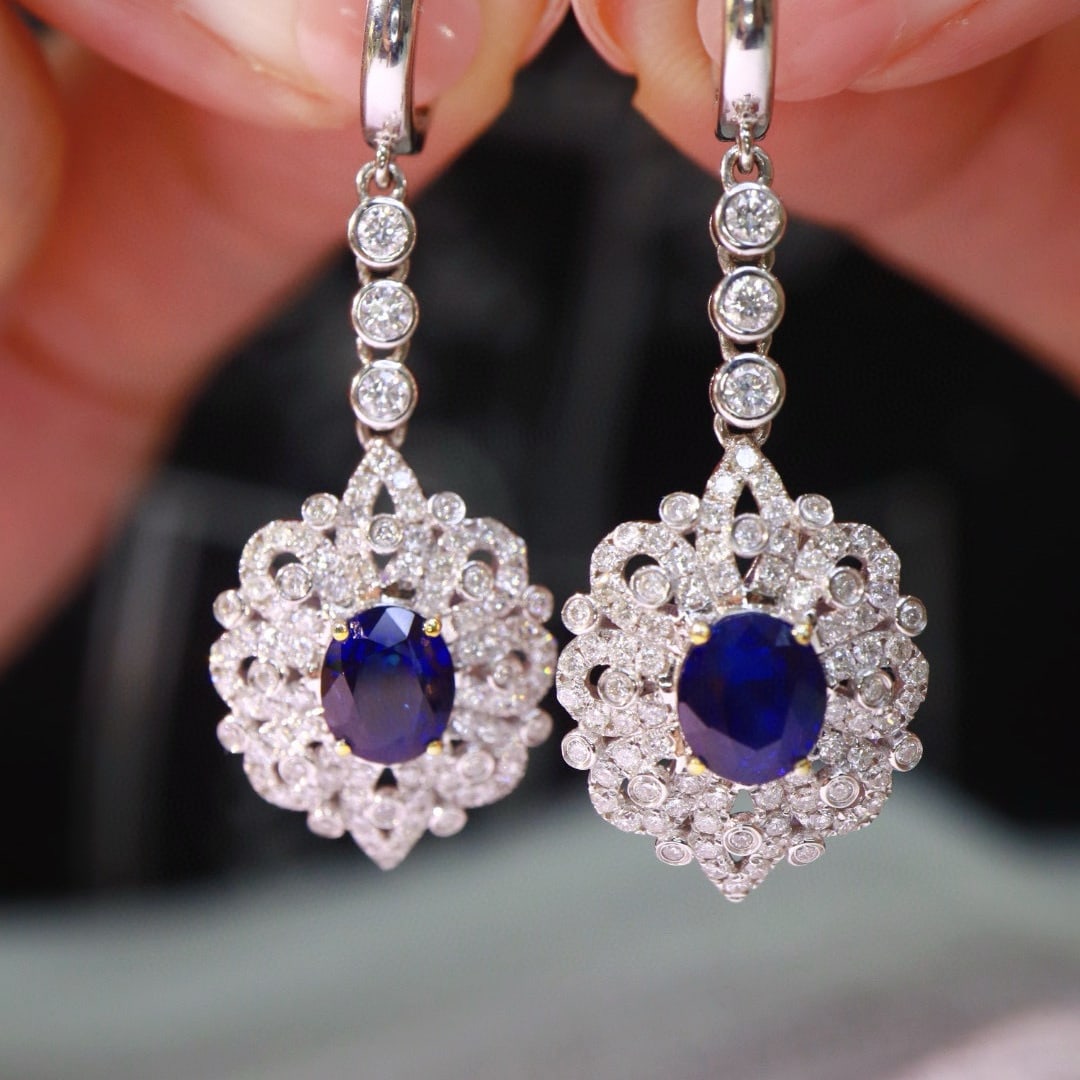 14k Gold 2.8 Ct Natural Sapphire & Diamond Earrings - 5