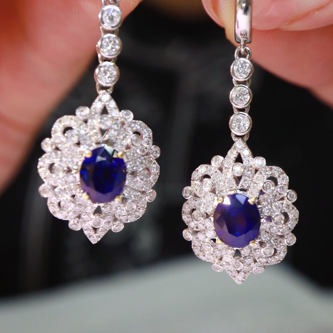 14k Gold 2.8 Ct Natural Sapphire & Diamond Earrings - 6