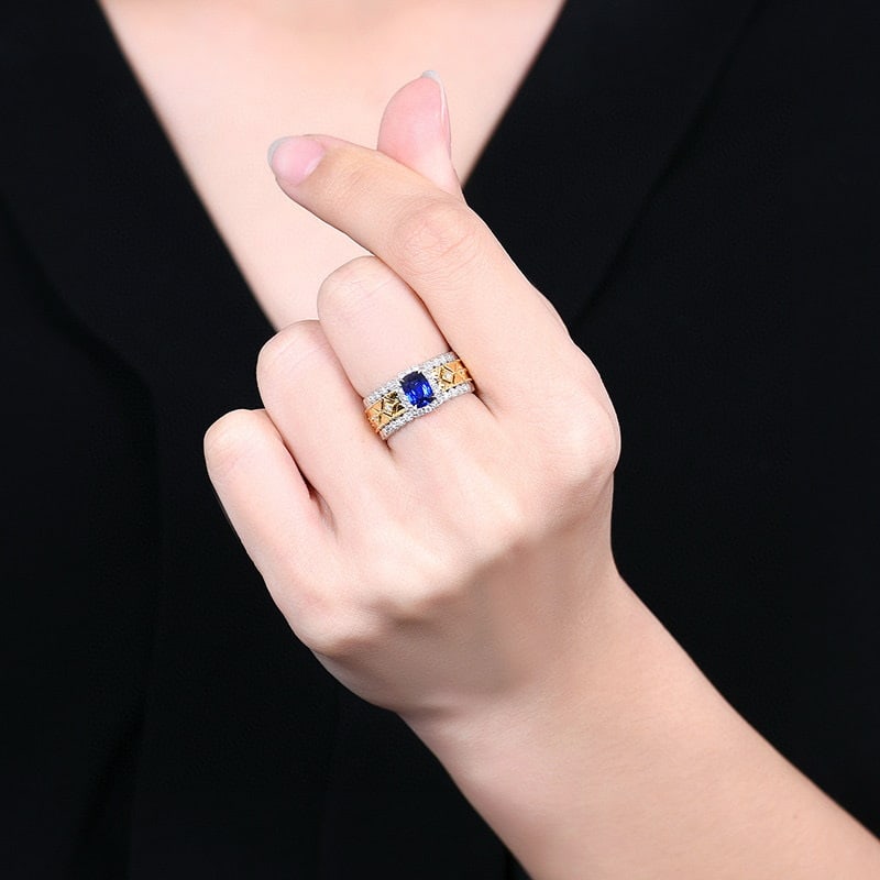 14k Gold 1.56 Ctw Vivid Blue Natural Sapphire & Diamond Ring - 8