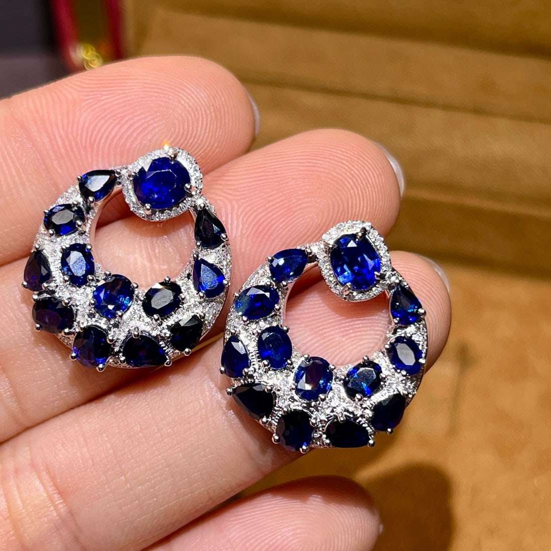 14k Gold 7.53 Ctw Vivid Blue Natural Sapphire & Diamond Earrings - 4
