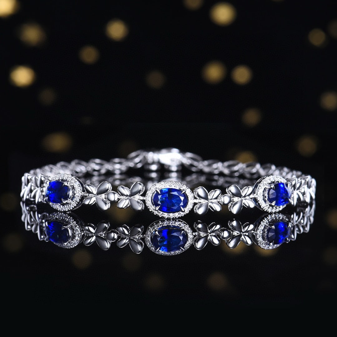 14k Gold 1.76 Ctw Vivid Blue Natural Sapphire & Diamond Bracelet: Ref:230951139 // gold content:14k gold // main gemstone:sapphire // shape:oval // carat weight:1. 6ct // color:vivid blue // treatment:natural // // adjacent gemstone 2 : diamond // number of stones:6