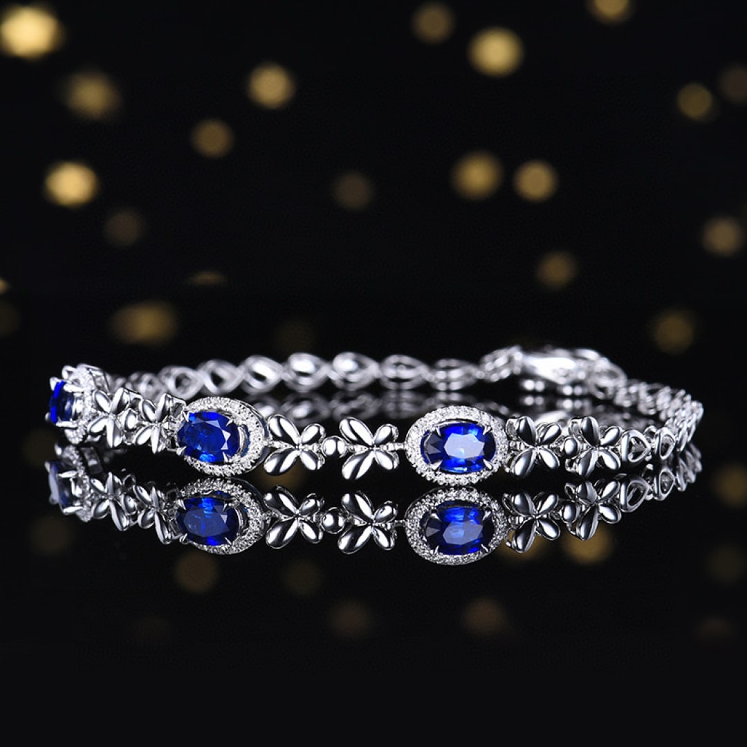 14k Gold 1.76 Ctw Vivid Blue Natural Sapphire & Diamond Bracelet - 2