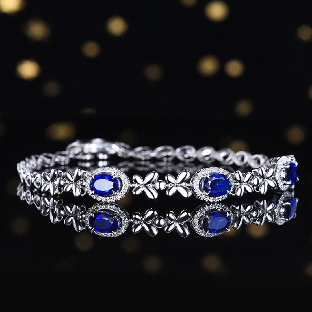 14k Gold 1.76 Ctw Vivid Blue Natural Sapphire & Diamond Bracelet - 3
