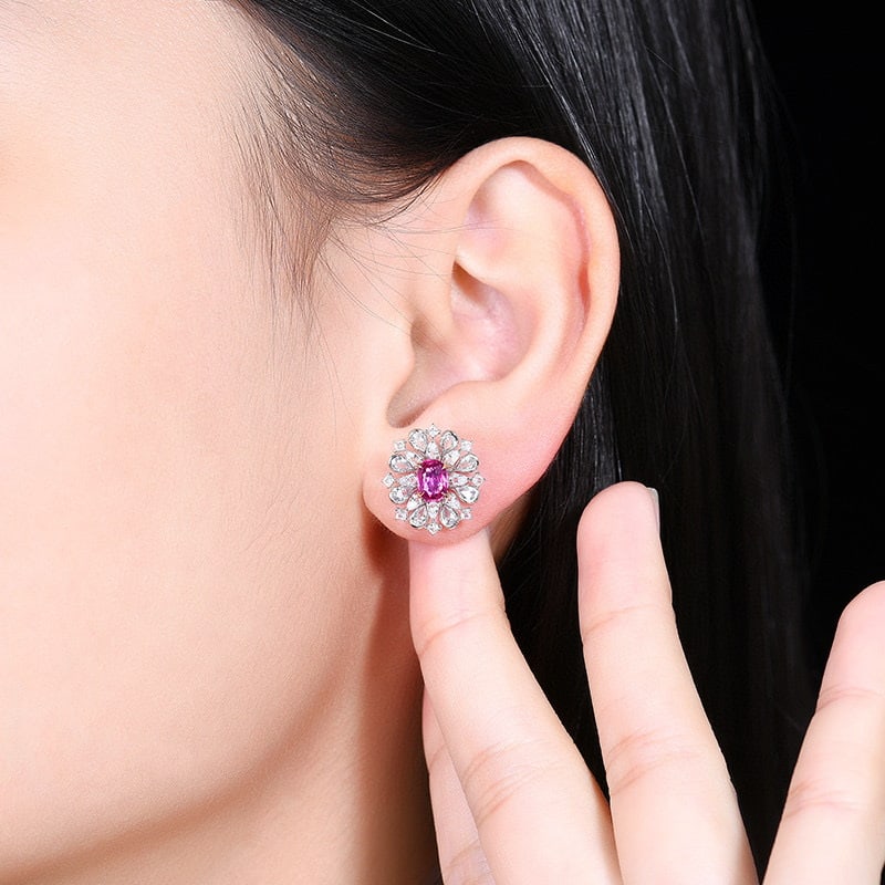 14k Gold 1.17 Ct Natural Padparadscha Sapphire & Sapphire Earrings - 5