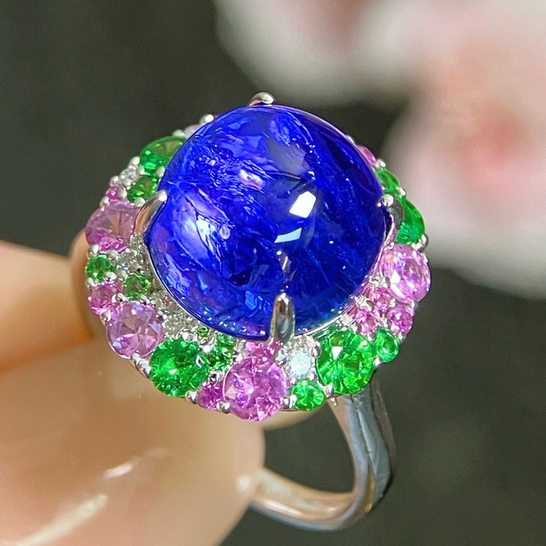14k Gold 8.66 Ctw Natural Tanzanite & Tsavorite & Sapphire & Diamond Ring - 6