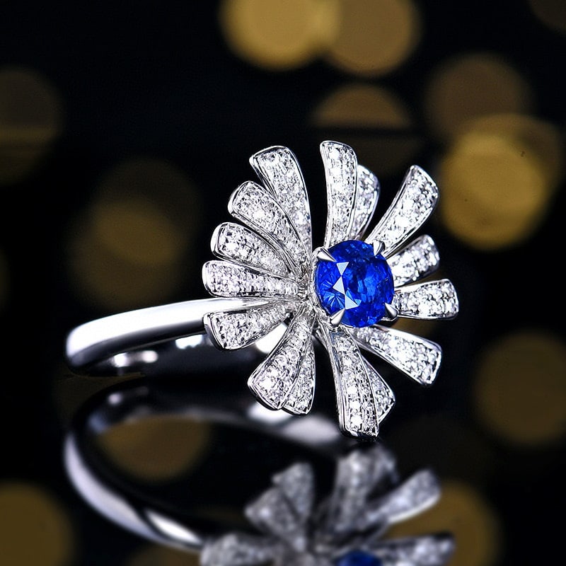 14k Gold 0.97 Ctw Natural Sapphire & Diamond & Flowers Ring - 3